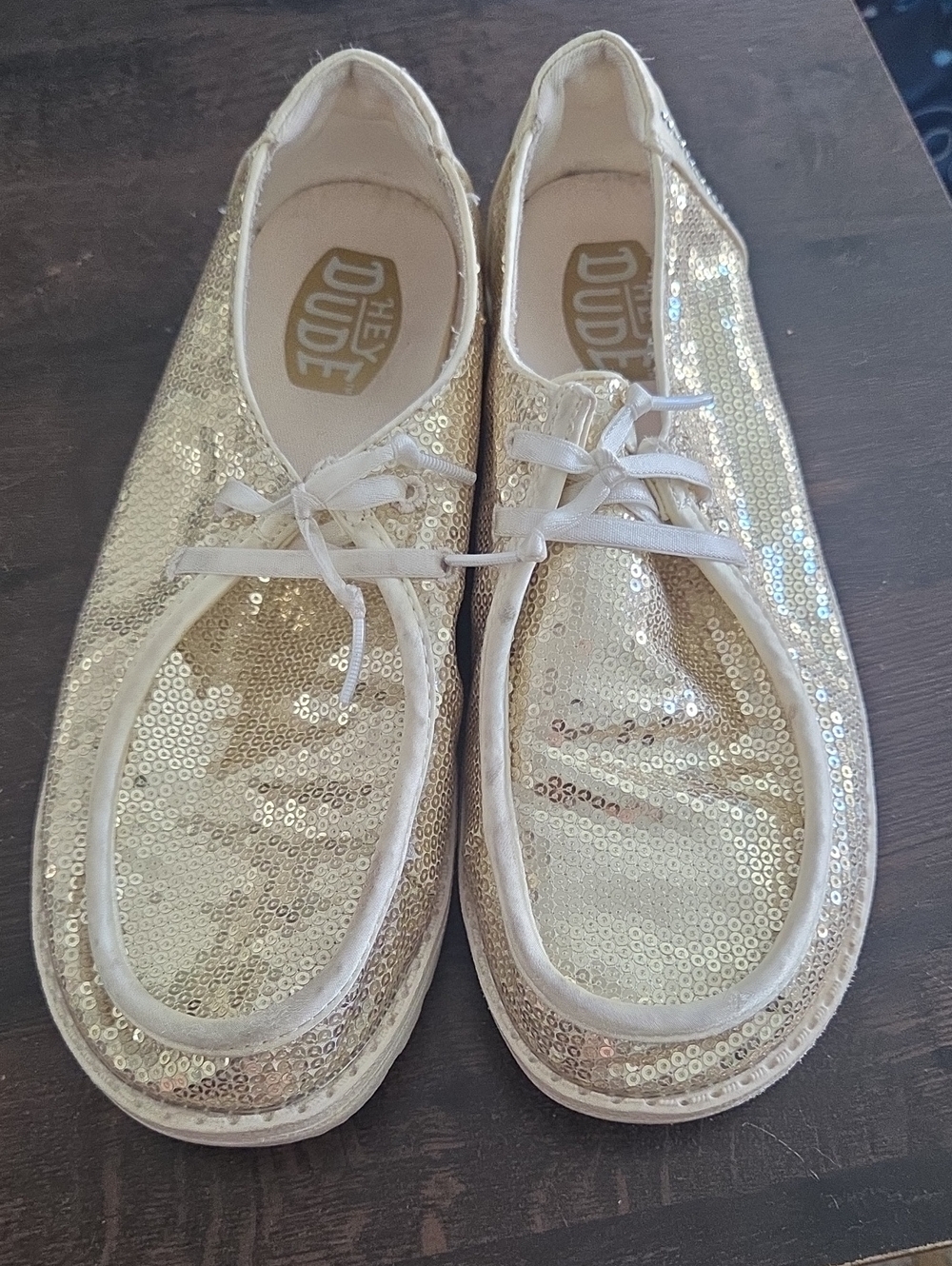 Hey Dude Women's Gold Sequin Lace-Up Moccasins Size 9W